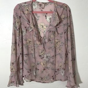 Pink floral ruffle collar blouse semi-sheer